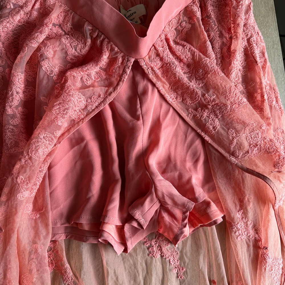 🍑 NWOT Entro Peach/Coral Lace Maxi Dress w/ lined Shorts - Picture 3 of 15
